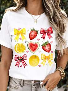 Camiseta Casual de Verano con Estampado de Frutas y Lazos, Diseño de Fresas, Sandía, Limón y Naranja, para Salidas Informales y Uso Diario, 100% Algodón, Resistente - Blanco - Ver 7