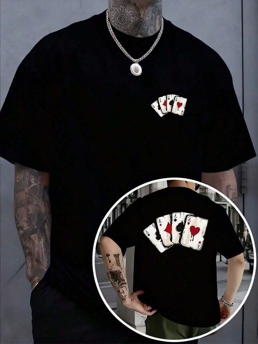 Camiseta de manga corta con estampado de cartas de póker Under The Radar, 100% 210G, estampado a doble cara, diseño personalizado en el pecho y la espalda, cuello redondo informal, camiseta de moda para hombre, cómoda en todas las estaciones - Camiseta unisex de algodón holgada de manga corta y cuello redondo estilo vintage urbano. 100% Algodón - Negro - Ver 1