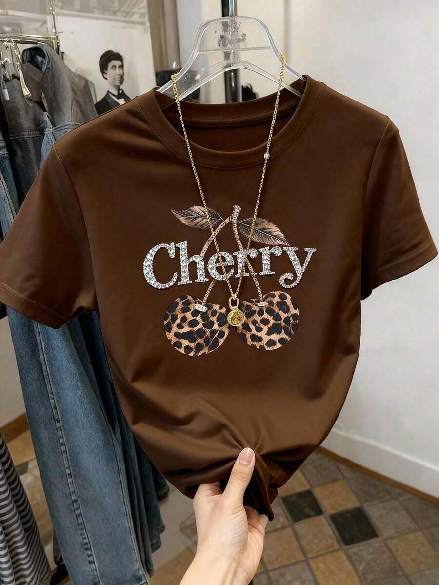 Camiseta casual de mujer de cuello redondo y manga corta con estampado digital de leopardo rosa, un regalo para amigos - Marrón - Ver 1