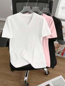 Camiseta casual versátil de manga corta y cuello en V de unicolor para mujer de talla grande - Multicolor 4 - Ver 4