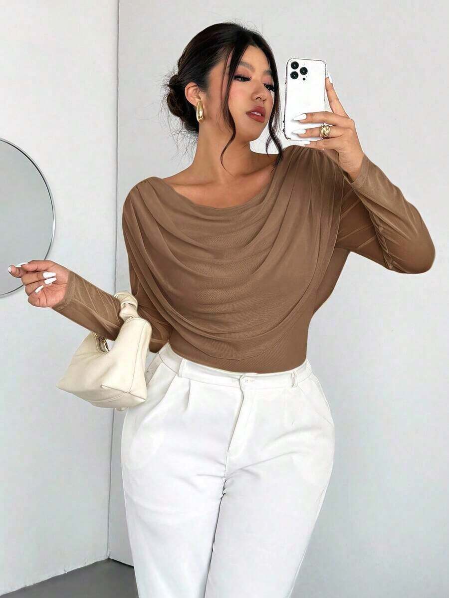 Blusa sexy de manga larga con cuello en V profundo y malla transparente ajustada para mujer de talla grande, adecuada para el Día de San Valentín, conciertos, actuaciones, citas, cenas formales, bailes de graduación, bodas, estilo sexy y elegante, para ir al trabajo, de vuelta a la escuela, vacaciones, playa, romántica, estilo sirena, fiestas de cumpleaños - Marrón 2 - Ver 1