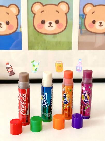 LIP SMACKER 4pcs/Set Coca-Cola Lip Balm, Cherry, Orange Soda, Cola Flavors, Long-Lasting Moisturizing, Natural Glossy Tinted Lip Cosmetics, Suitable For All Skin Types, Alcohol-Free, Autumn/Winter Lip Balm, Party Gift, Christmas Gift Set LIPSMACKER