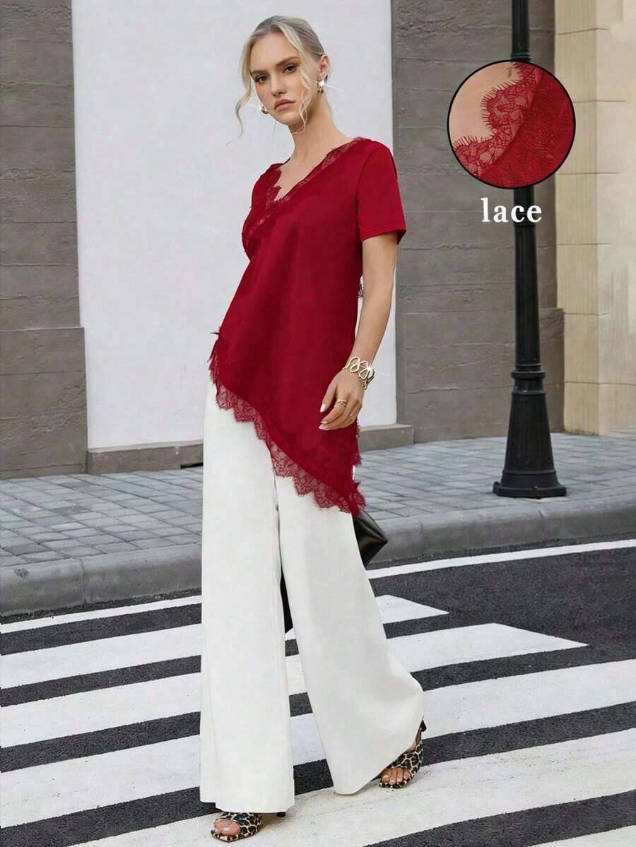 Women's T-Shirt With Ruffled Collar And Lace, Elegant And Fashionable, Suitable For Valentine's Day, Weddings, Holidays, Casual Outings, Parties, With An Asymmetrical Hem And Stretchy Fabric - 紅色的 - 查看 1