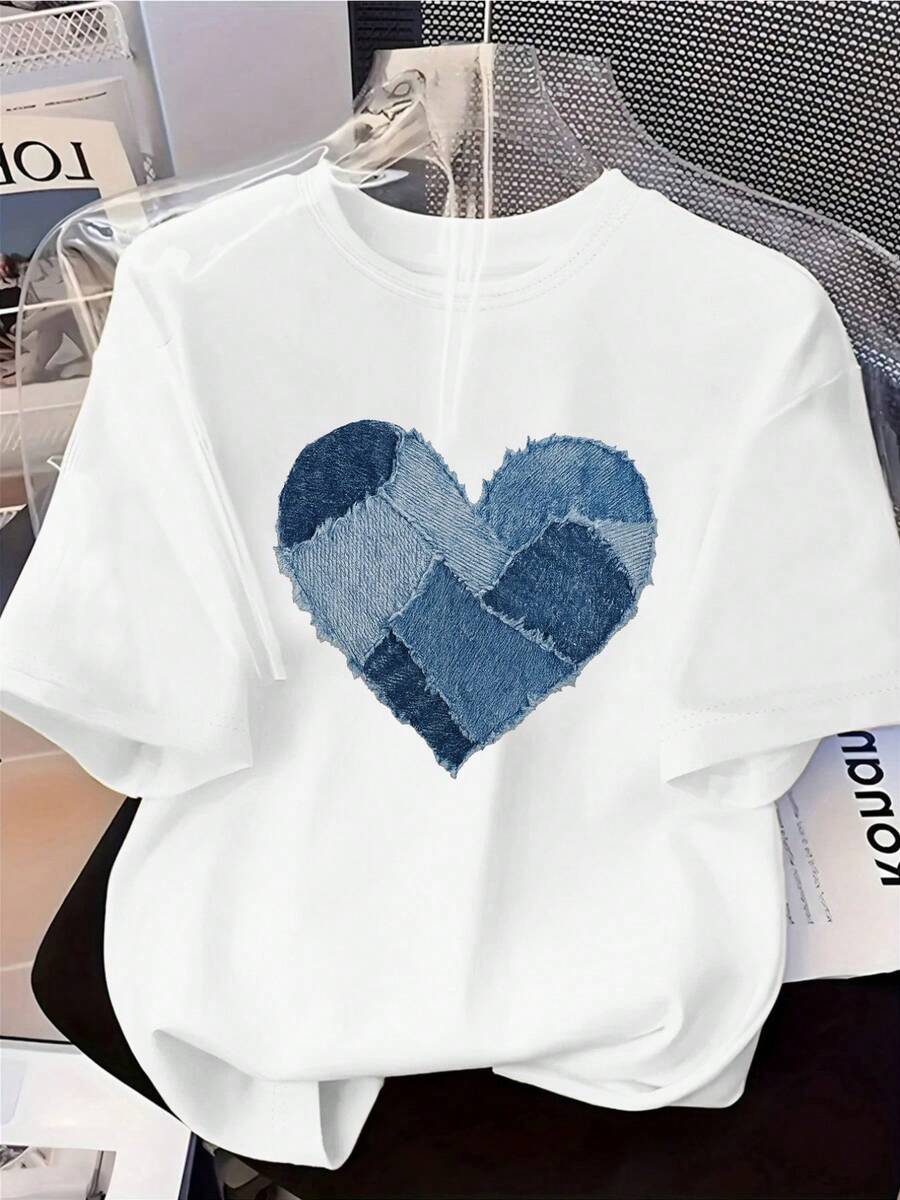 Vintage Patchwork Denim T-Shirt With Heart Motif, Printed On Denim Fabric, Short Sleeves, Round Neck, Casual Top For Summer And Spring, Women's Clothing, Summer Tops, Summer Outfits - White - View 1