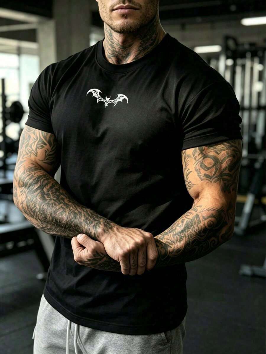 Sport MetroGents Men's Short Sleeve Crew Neck Sports T-Shirt With Botanical Print, For Summer Training, Running, Black T-Shirt, Spider Print, Lightweight - 軍綠色 - 查看 1