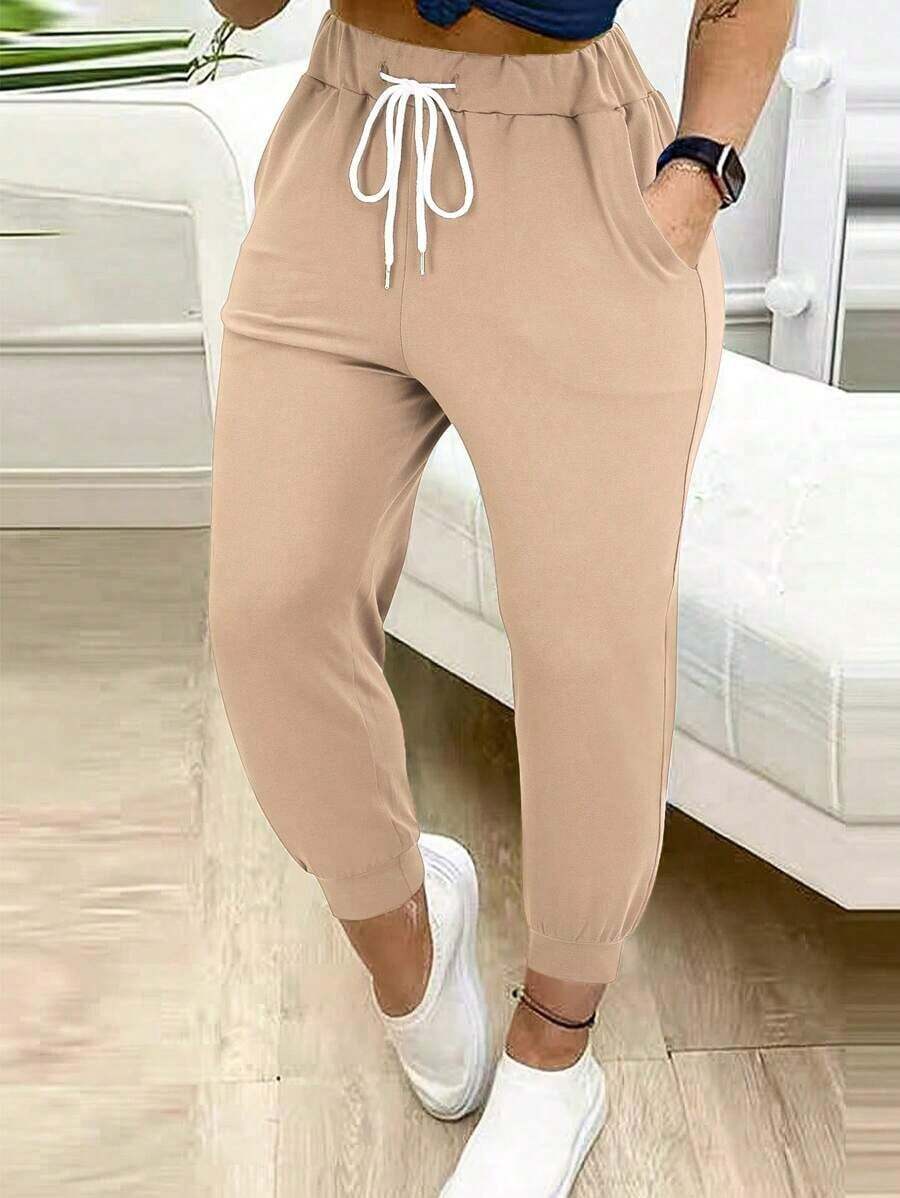 Pantalones Deportivos Casuales de Mujer con Cordón en la Cintura, Color Negro, Primavera