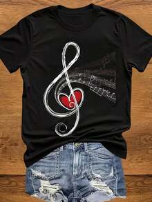 Women's T-Shirt With Round Neck, Musical Notation Print, Instrument Art And Heart For Music Festival - 黑色 - 查看 7