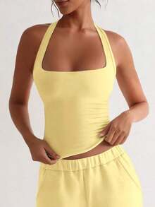 Camiseta sin espalda sexy, top de verano con cuello cuadrado elástico, ajuste casual y elegante, color amarillo para vacaciones - Amarillo - Ver 3