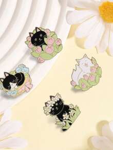 4pcs Cute Plant Floral Cat Enamel Brooch, Daisy, Tulip, Cat Shaped Pins, Fashion Accessory, Gift For Friends - Multicolor - View 6