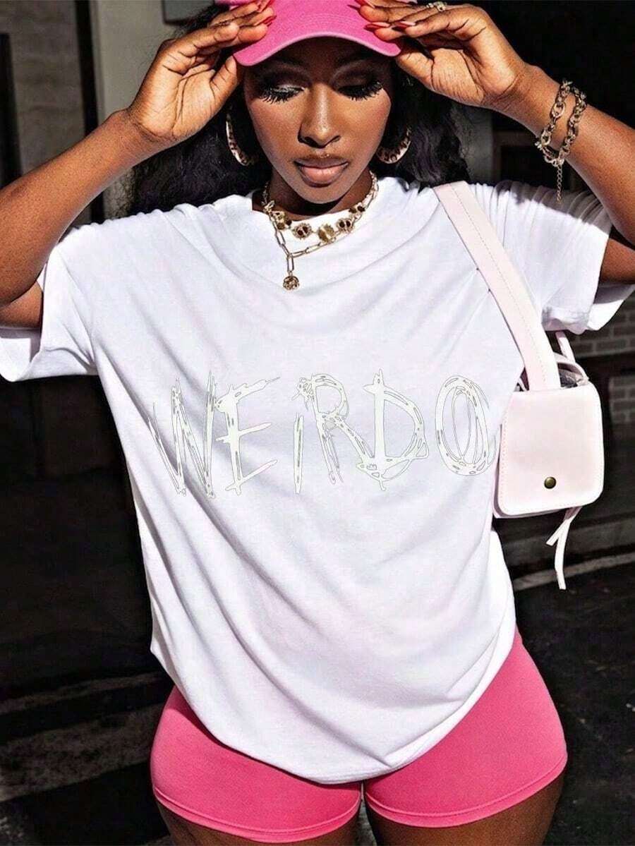 Women's Casual Short Sleeve T-Shirt, WEIRDO Graphic Print, Versatile Top, No Pilling, No Fading, Breathable, Suitable For All Body Types, Perfect For Daily And Sports Wear, Ideal Gift For Mother's Day And Cinco De Mayo. - 白色 - 查看 1