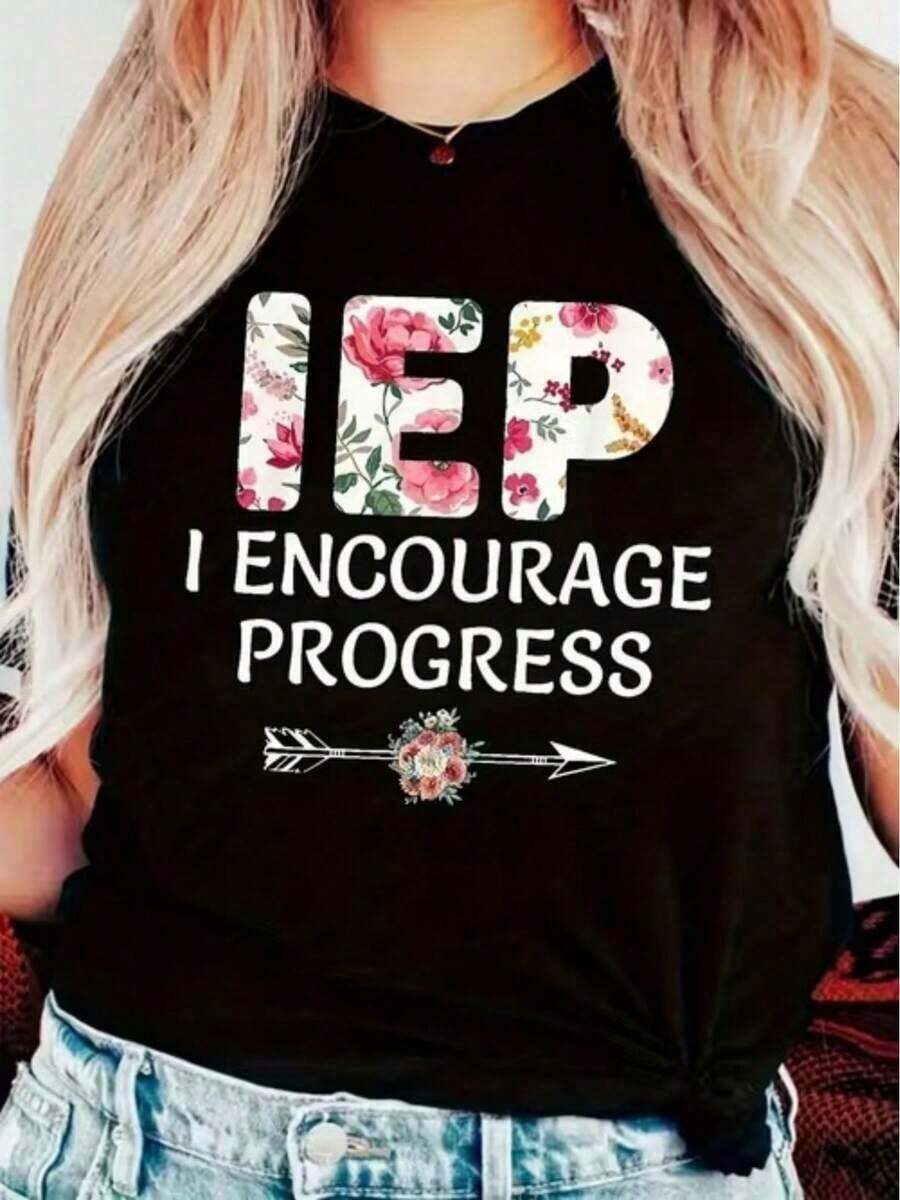 Camiseta estampada para mujer, top casual de manga corta, diseño con estampado floral, camiseta casual con patrones de flechas y frases, adecuada para salidas diarias y vacaciones. - Negro - Ver 1