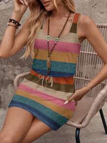 Vestido corto casual de mujer con estampado de hojas azul y blanco, adecuado para primavera/verano, casual - Multicolor 3 - Ver 7