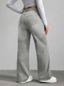 Jeans de mezclilla de pierna ancha recta de diseño simple con cintura alta para mujeres a la moda - verde militar 2 - Ver 2
