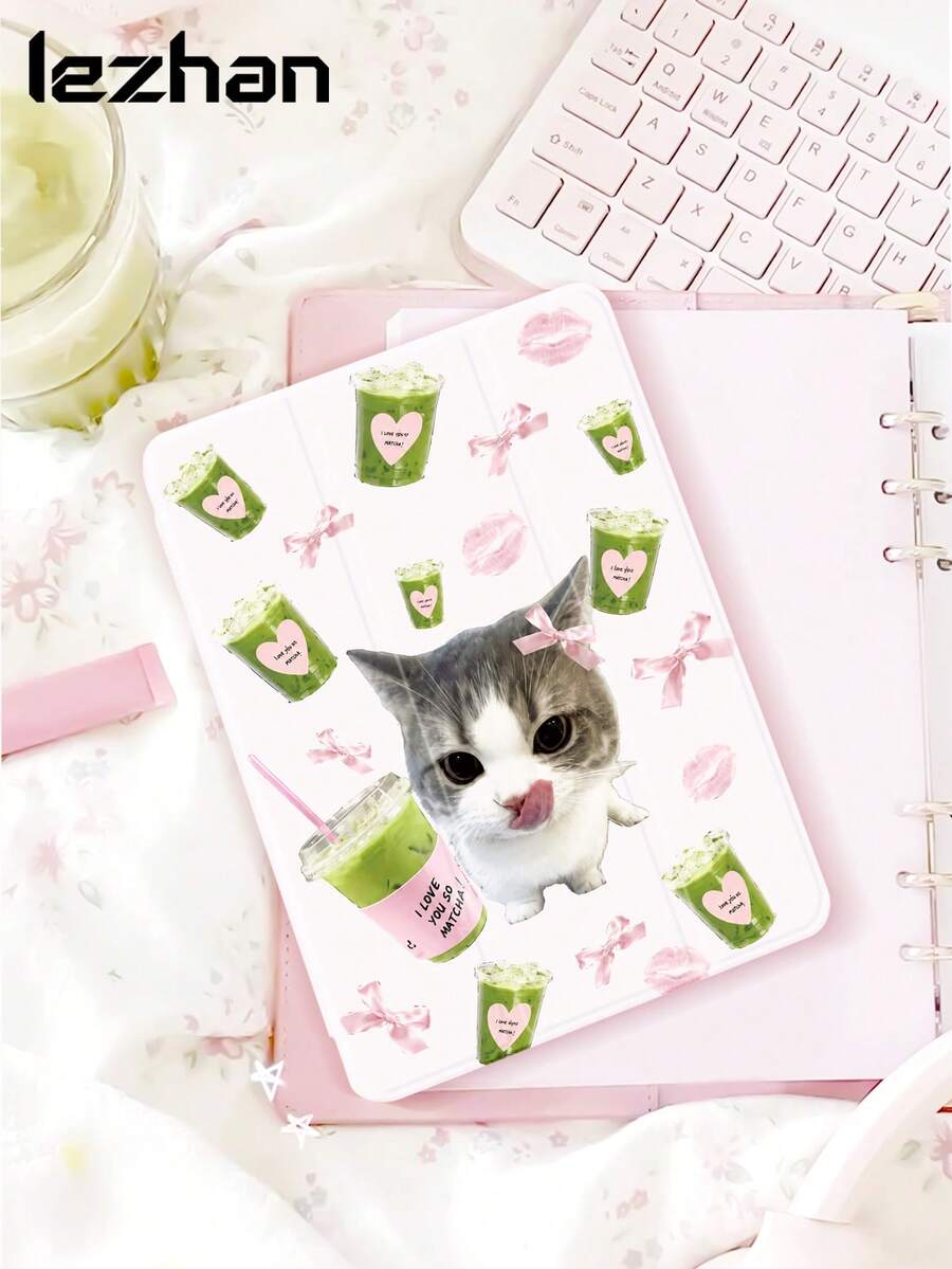 1个卡通可爱猫咪蝴蝶结图案平板电脑保护套,带三折支架,兼容10.2英寸、Pro 11英寸(2021/2020/第十代)、Air 11英寸(第十一代,2025)、Galaxy Tab A8 10.5英寸(2022)、Matepad 10.4/Tab,带笔槽,防摔,浪漫礼物 - 彩色 - 查看 1