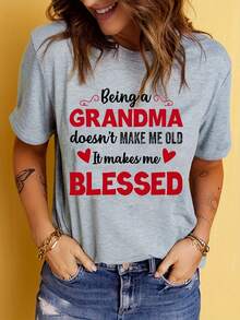 Camiseta con estampado "Abuela Bendita", top casual de manga corta y cuello redondo para el Día de la Madre, adecuada para usar en primavera y verano, ropa de mujer - fácil de lavar y mantener para el uso diario. - Negro - Ver 7