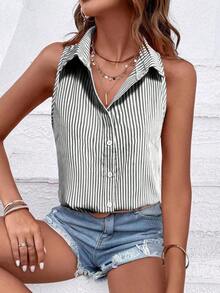 Blusa suelta de mujer casual de un solo botonadura a rayas azules y blancas sin mangas - Blanco y Negro - Ver 6