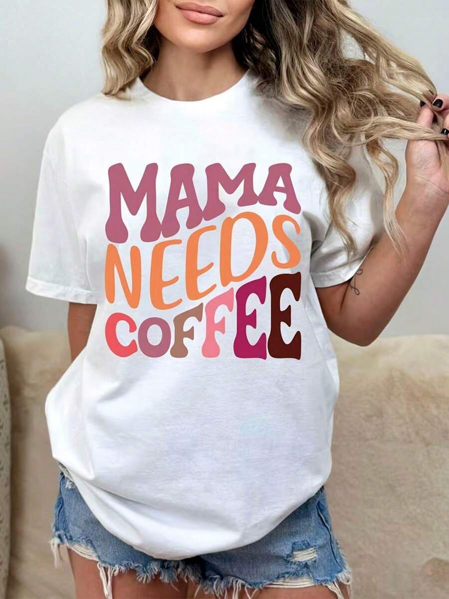 "Mom Needs Coffee" Print T-Shirt, Crew Neck, Comfortable, Short Sleeves For Women, Breathable, Casual, Sporty, For Spring And Summer, A Holiday Gift Option - Unisex Cotton T-Shirt, Urban Vintage Style, Loose Fit, Short Sleeves And Crew Neck. - 白色 - 查看 1