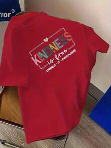 Soft 100% Cotton T-Shirt. 100% Pure Cotton T-Shirt, New Summer Style. This  Women's Summer T-Shirt Features A Colorful Print With The Word "KINDNESS" And A Graphic Slogan, "SPRINKLE IT EVERYWHERE." Weighing 6.35 Ounces, It's Machine Washable. A Great Gift For Family, Siblings, Friends, Parents, Or Teachers. This Breathable Cotton T-Shirt Goes With Everything. - 紅色 - 查看 6