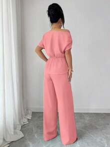 onjunto de primavera/verano para mujer con pantalón ancho de una sola manga con hebilla metálica en la cintura, adecuado para uso diario, bodas, galas, ir al trabajo, fiestas de graduación, vacaciones, citas, fiestas, Halloween, Navida - Rosa - Ver 2