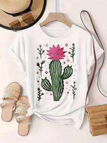 Camiseta Casual de Mujer con Estampado de Cactus, Flores, Diamantes Rosados y Hojas Verdes, Adecuada para Todas las Temporadas  
 Negro - Blanco - Ver 2