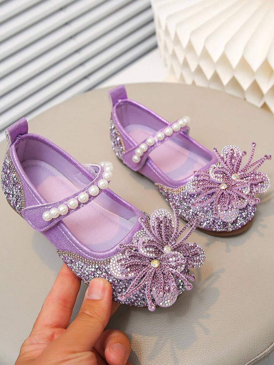 Girls' Princess Style Crystal Soft Bottom Shoes, Bow & Pearl Decor, Versatile For Spring, Summer, Autumn Daily Wear, School, Commute - Purple - View 1