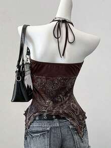 Blusa casual de mujer con cuello de corbata y estampado de anacardo, versátil para uso diario - Café integral - Ver 2
