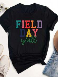 Camiseta de Mujer de 180g de Peso Pesado - Negra con Estampado de Letras en Bloques Multicolor "Field Day Y'all", Cuello Redondo, Manga Corta, Tela Opaca y Duradera, Ropa Casual de Verano, Regalo para el Día del Maestro/Día del Padre, Lavable a Máquina (Rosa/Amarillo/Morado/Azul/Verde/Naranja/Rojo/Cian/Rosa) - Divertido Patrón Geométrico, 100% Suave y Cómoda, Silueta en H, Versátil para Todas las Temporadas, Ideal para el Hogar, Viajes y Estilo Casual Activo, Camiseta de Mujer de Manga Corta con Estampado a una Cara.blusas para dama - Negro - Ver 7