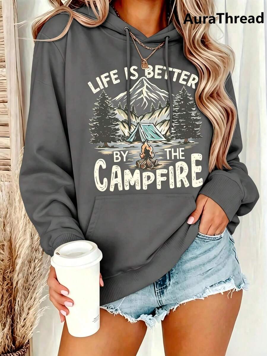 WomensCampGraphicSweaterLifeIsBetterByTheCampfireMountainAndPineTreeDesignWarmCrewNeckSweaterForAutumnWinterMediumElasticityCasualSweaterMachineWashab - Dark Grey - View 1