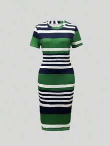 Vestido ajustado casual de mujer con bloques de color y rayas, elegante para el verano - Verde - Ver 3