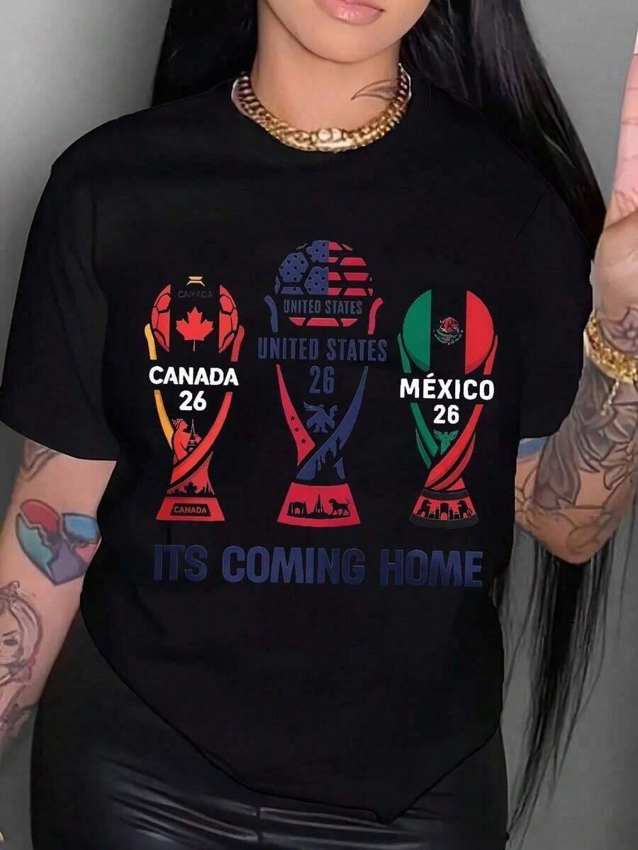 Women's 2026 World Cup T-Shirt, Soft Cotton, Casual Style, Graphic Design Of Canada, USA, Mexico, 2026 World Cup, The Event Is Coming, Summer Clothes, Gift For Football Fans, Celebrating The World Cup, Best Gift For Girlfriend, Wife, Sister Of Fans, Round Neck, 100% Cotton, Soft Fabric, Short Sleeve, Breathable And Cool. - 黑色 - 查看 1