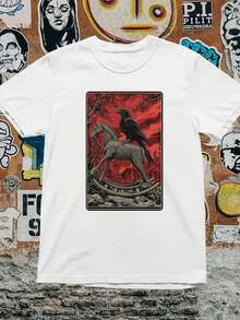 Gothic T-Shirt With Dark Raven And Horse Design - White - View 1