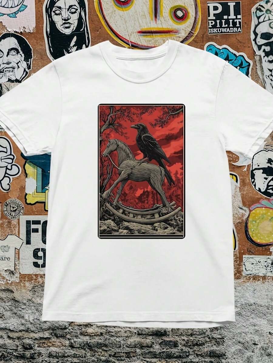 Gothic T-Shirt With Dark Raven And Horse Design - White - View 1