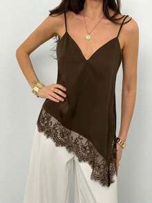 Camiseta elegante y sexy de mujer con estampado de leopardo y encaje en contraste, camiseta de estampado de leopardo elegante, top de fiesta, atuendos de playa y vacaciones para mujeres, top para salir - Café integral - Ver 5