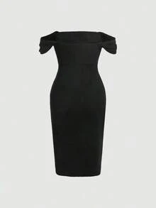 Vestido ajustado de hombros descubiertos fruncido - Negro - Ver 2