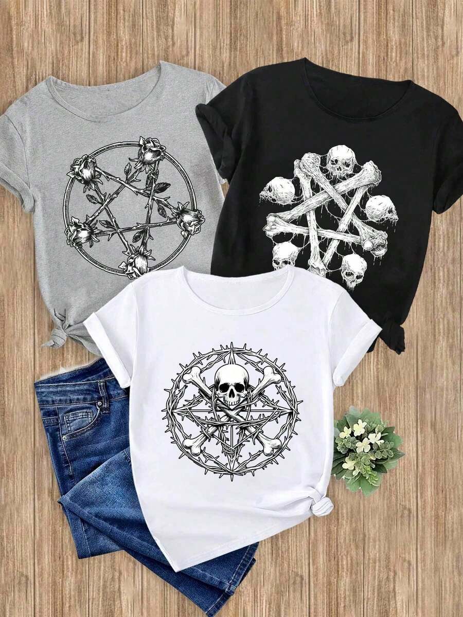Women's T-Shirts, Women's T-Shirts, Skull And Bones Design, 1 Piece, Beautiful Party T-Shirt For Women, Elegant, Casual, Sporty, Gift, Machine Washable, Round Neck, Short Sleeve. - 1件黑色隨機圖案 - 查看 1