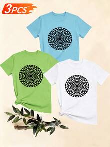 Women's T-Shirts, Women's T-Shirts, Casual Short-Sleeved T-Shirt With Circular Geometric Pattern, One-Piece, Versatile, Comfortable, Breathable, Suitable For Daily Wear. - 1 Black Random Pattern - View 6