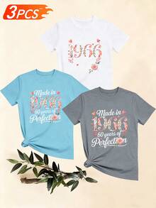Women's T-Shirts, Women's T-Shirts, Casual One-Piece T-Shirt With 1966 Commemorative Heart Floral Print, Round Neck, Comfortable Top. - 1件白色隨機圖案 - 查看 6