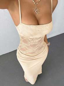 Vestido transparente de encaje con tirantes para mujer  PETITE, ropa sexy para fiestas, citas y festivales, adecuado para otoño e invierno, se puede usar como vestido bustier con capa interior, vestido transparente, vestido verde claro, vestido verde sexy, vestido de encaje, vestido verde tipo slip, vestidos de fiesta para mujer, vestido de fiesta de Navidad. - Albaricoque - Ver 12