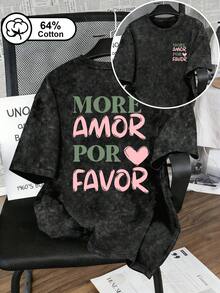Camiseta Plus Size Feminina com Estampa Dupla de Coração "Doce-Encontra-Ousado" e "Mais Amor"; Top de Verão de Manga Curta com Lavagem Vintage. - Preto - Visão 1