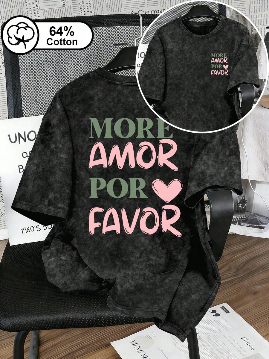 Camiseta Plus Size Feminina com Estampa Dupla de Coração "Doce-Encontra-Ousado" e "Mais Amor"; Top de Verão de Manga Curta com Lavagem Vintage. - Preto - Visão 1