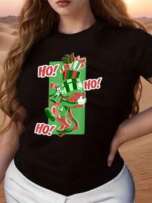 Cheerful Christmas Graphic With A Fun Character Stacking Red And Green Gifts While Expressing Festive Enthusiasm. Ho Ho Ho! Comfortable And Soft Women's T-Shirt, Ideal For Parties And Casual Wear. - 黑色 - 查看 6
