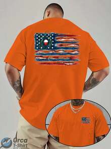 American Flag And Fish Print Short-Sleeve T-Shirt Featuring A Design That Combines The American Flag With Fishing Elements. Suitable For Outdoor Fishi - 黑色 - 查看 11