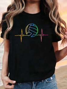 Camiseta de talla grande para mujer, con estampado de voleibol en degradado y temática deportiva. Ideal para canchas de voleibol, reuniones deportivas y uso diario para expresar el amor por el deporte. Un atuendo diario elegante para salir. - Negro - Ver 8