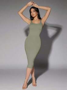 Vestido tank de espalda baja unicolor - Verde militar - Ver 6