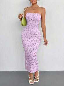 Vestido de tirantes ajustado con estampado floral ditsy en rosa de verano - Púrpura malva - Ver 1