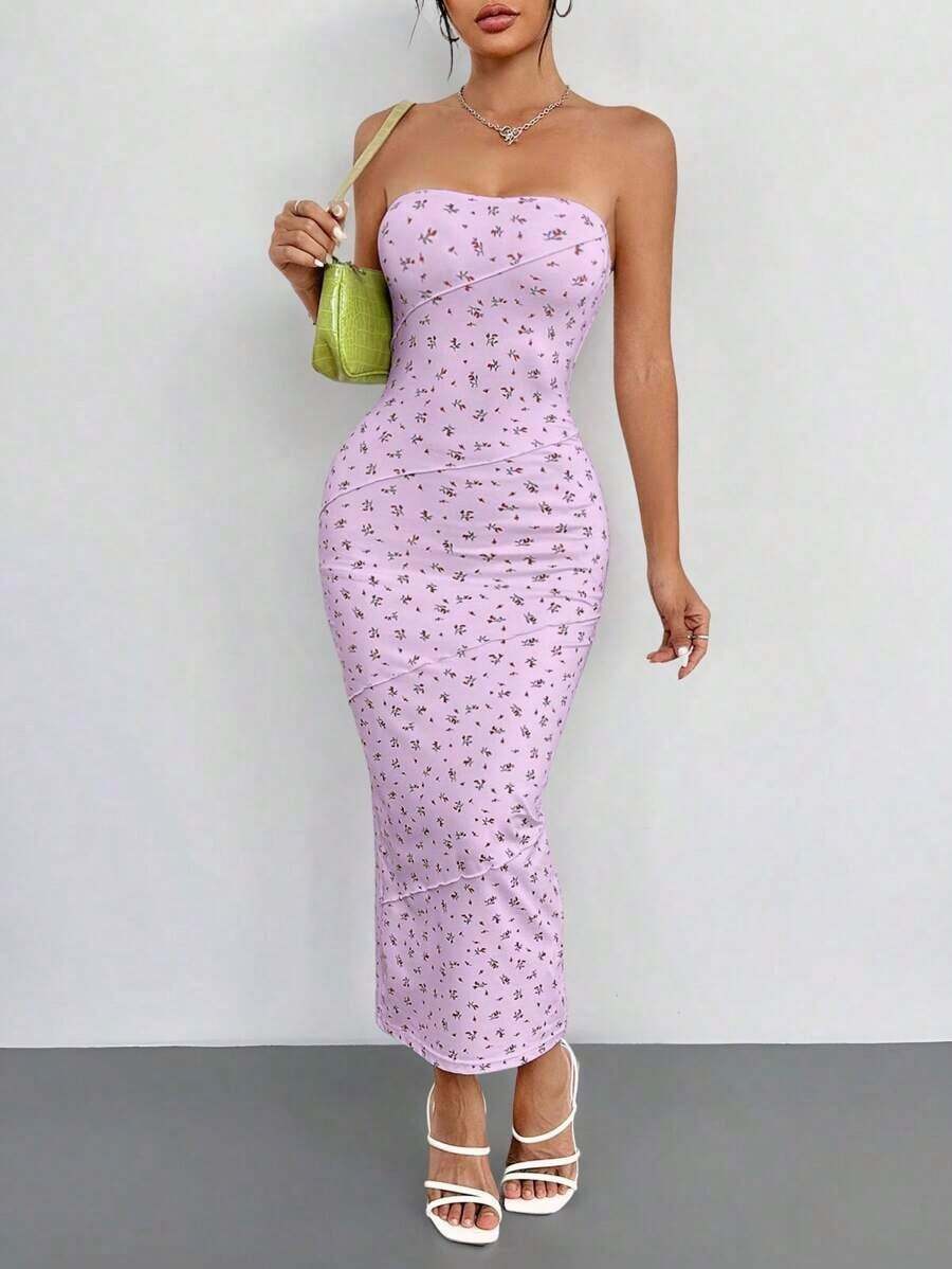 Vestido de tirantes ajustado con estampado floral ditsy en rosa de verano - Púrpura malva - Ver 1