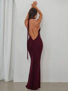 Vestido rojo sólido sin espalda con cuello halter, adecuado para citas, fiestas de Navidad y eventos de noche - Morado - Ver 1
