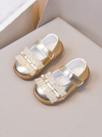1 Pair Baby Shoes, Silver Pearl Lace Princess Shoes For Formal Occasion