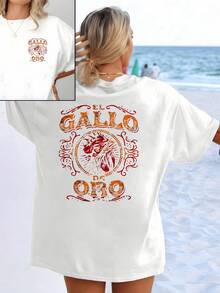 A Majestic Rooster Figure In Golden Tones Symbolizes Strength, Courage, And Prosperity, Surrounded By Baroque Details That Convey Positive Energy. Women's T-Shirt With A Modern And Casual Double Print - 白色 - 查看 8