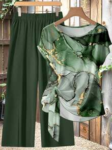 Conjunto de 2 piezas de estilo minimalista casual con camisa de mujer en color gris caqui con patrón floral abstracto de efecto dorado y lazo, y pantalones rectos holgados en color caqui, adecuado para primavera y verano, de estilo vintage - Multicolor 9 - Ver 6